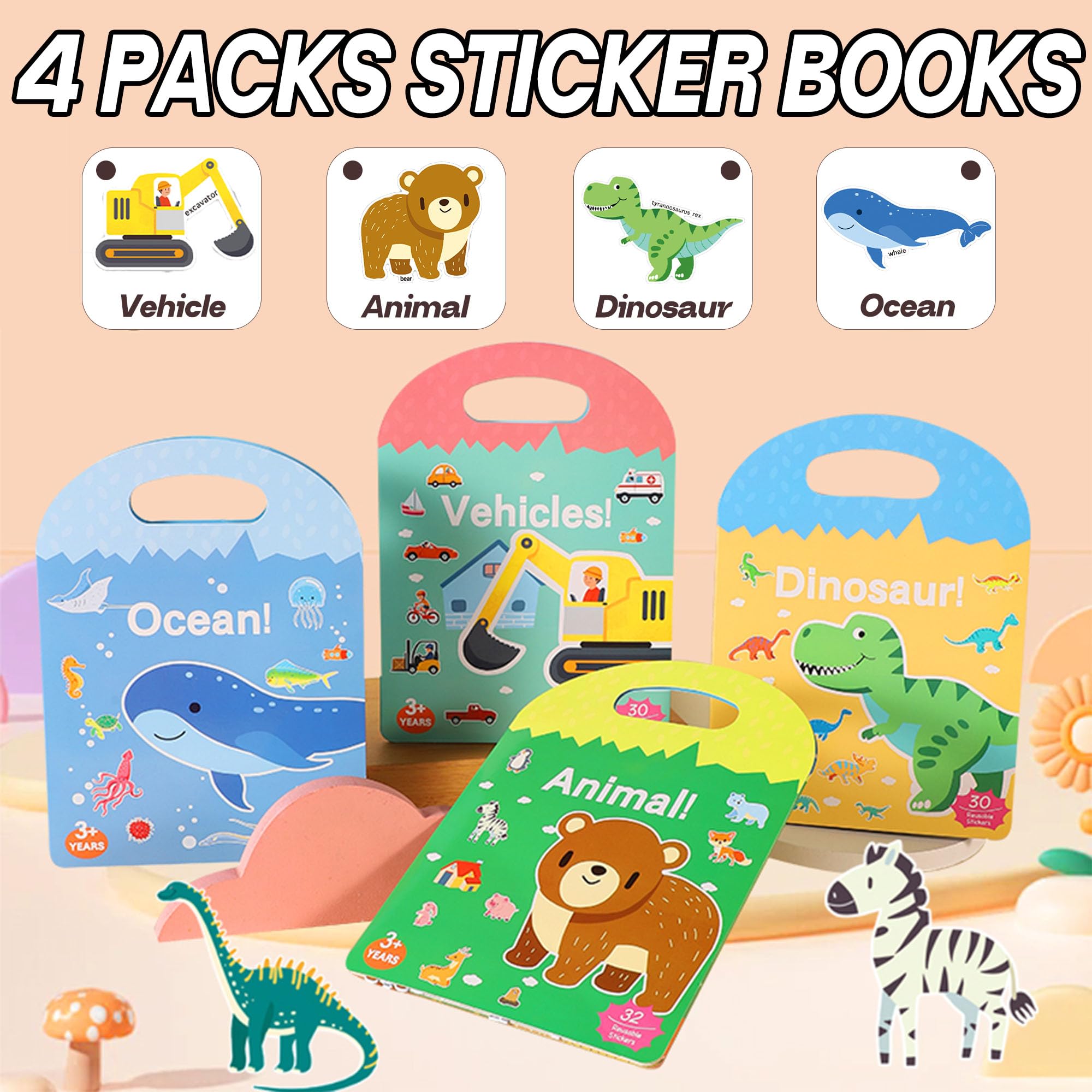 iGetooy 4 Sets Puffy Sticker Books for Toddlers - 122 Reusable 3D Stickers (Vehicles, Animals, Dinosaurs, Ocean)