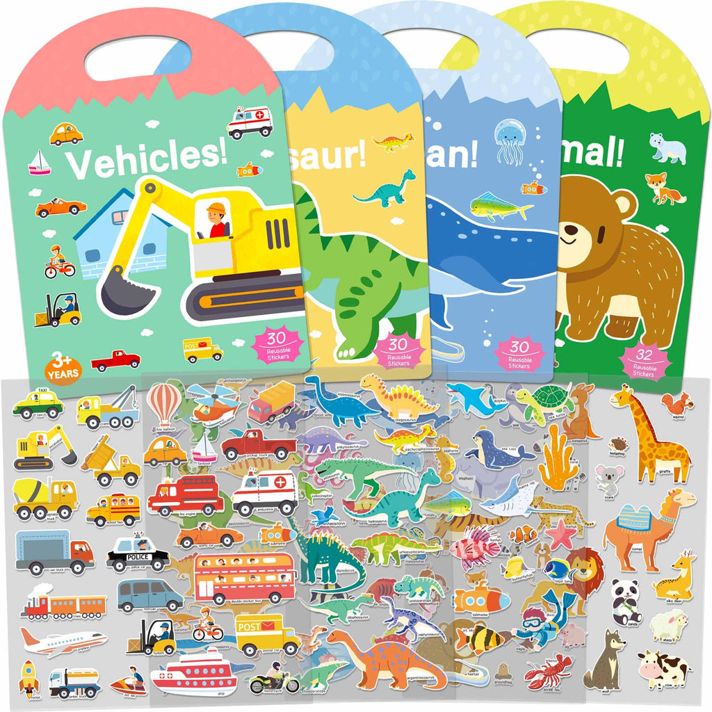 iGetooy 4 Sets Puffy Sticker Books for Toddlers - 122 Reusable 3D Stickers (Vehicles, Animals, Dinosaurs, Ocean)