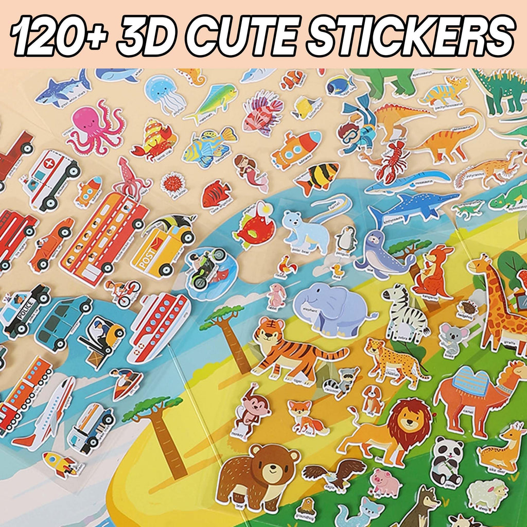 iGetooy 4 Sets Puffy Sticker Books for Toddlers - 122 Reusable 3D Stickers (Vehicles, Animals, Dinosaurs, Ocean)