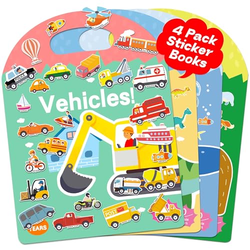 iGetooy 4 Sets Puffy Sticker Books for Toddlers - 122 Reusable 3D Stickers (Vehicles, Animals, Dinosaurs, Ocean)