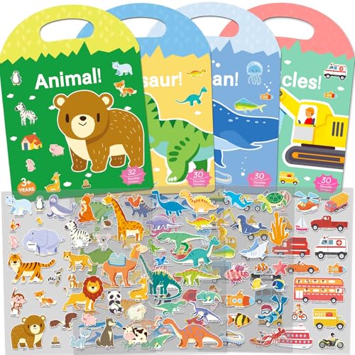 iGetooy 4 Sets Puffy Sticker Books for Toddlers – 122 Reusable 3D Stickers with Travel Handle