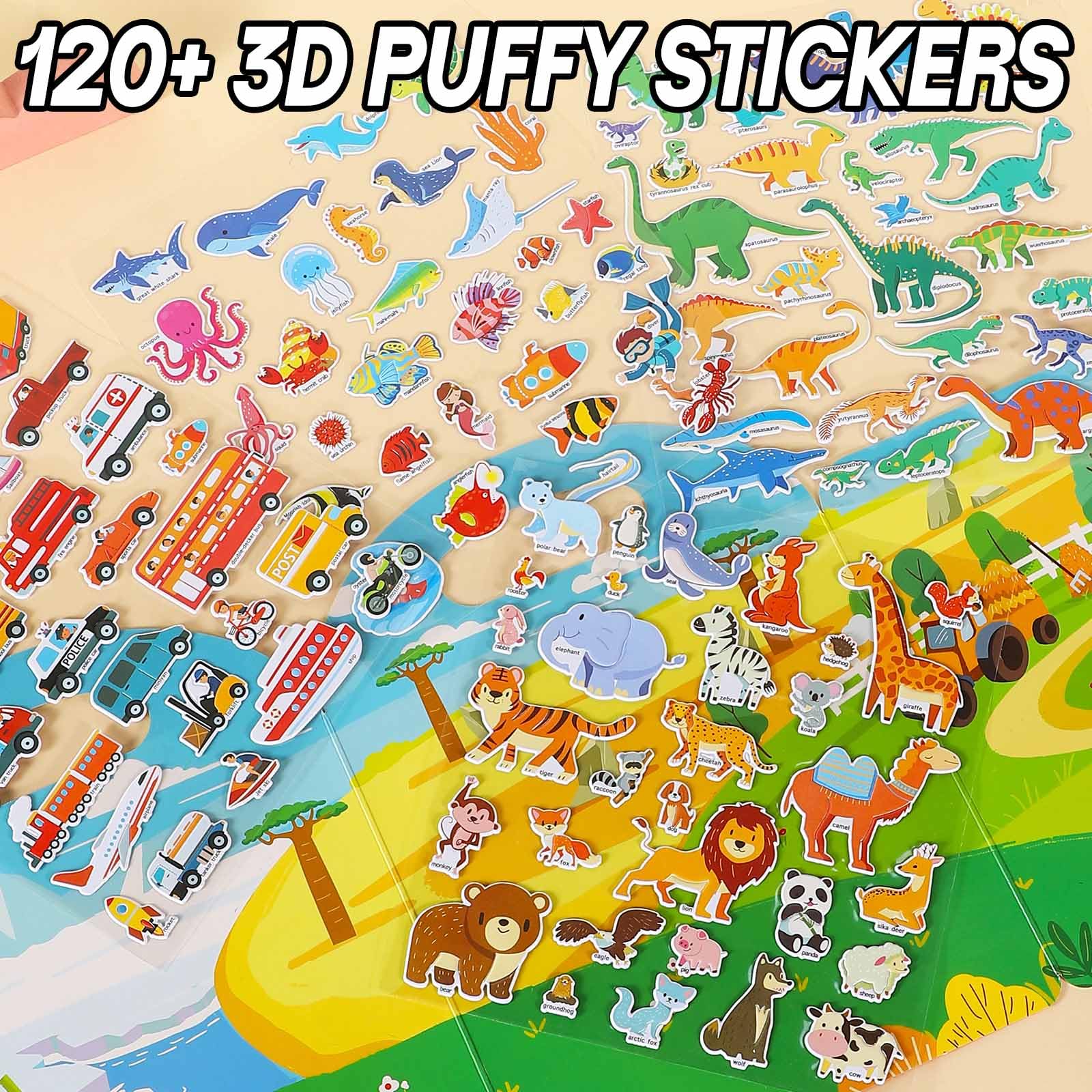iGetooy 4 Sets Puffy Sticker Books for Toddlers – 122 Reusable 3D Stickers with Travel Handle
