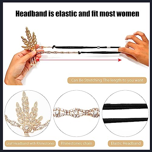 iHUFeather 1920s Flapper Set with Headband, Beaded Necklaces, Earrings & Gloves for Women