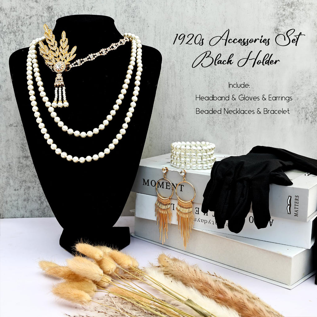 iHUFeather 1920s Flapper Set with Headband, Beaded Necklaces, Earrings & Gloves for Women