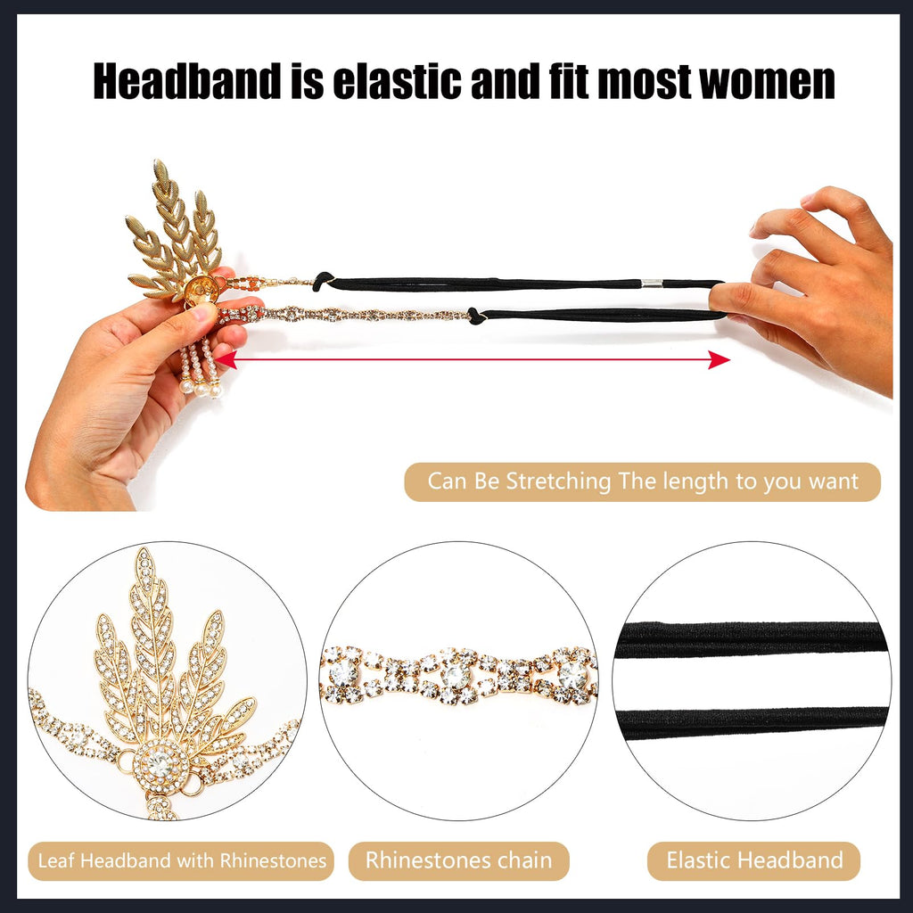 iHUFeather 1920s Flapper Set with Headband, Beaded Necklaces, Earrings & Gloves for Women