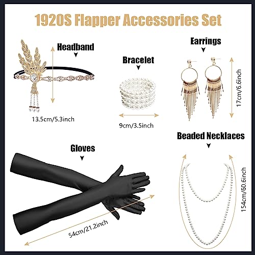 iHUFeather 1920s Flapper Set with Headband, Beaded Necklaces, Earrings & Gloves for Women