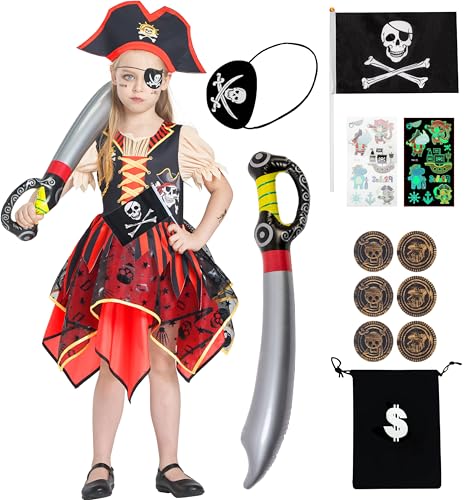 IKALI Girls Pirate Costume Set with Accessories for Halloween and Dress-Up Play