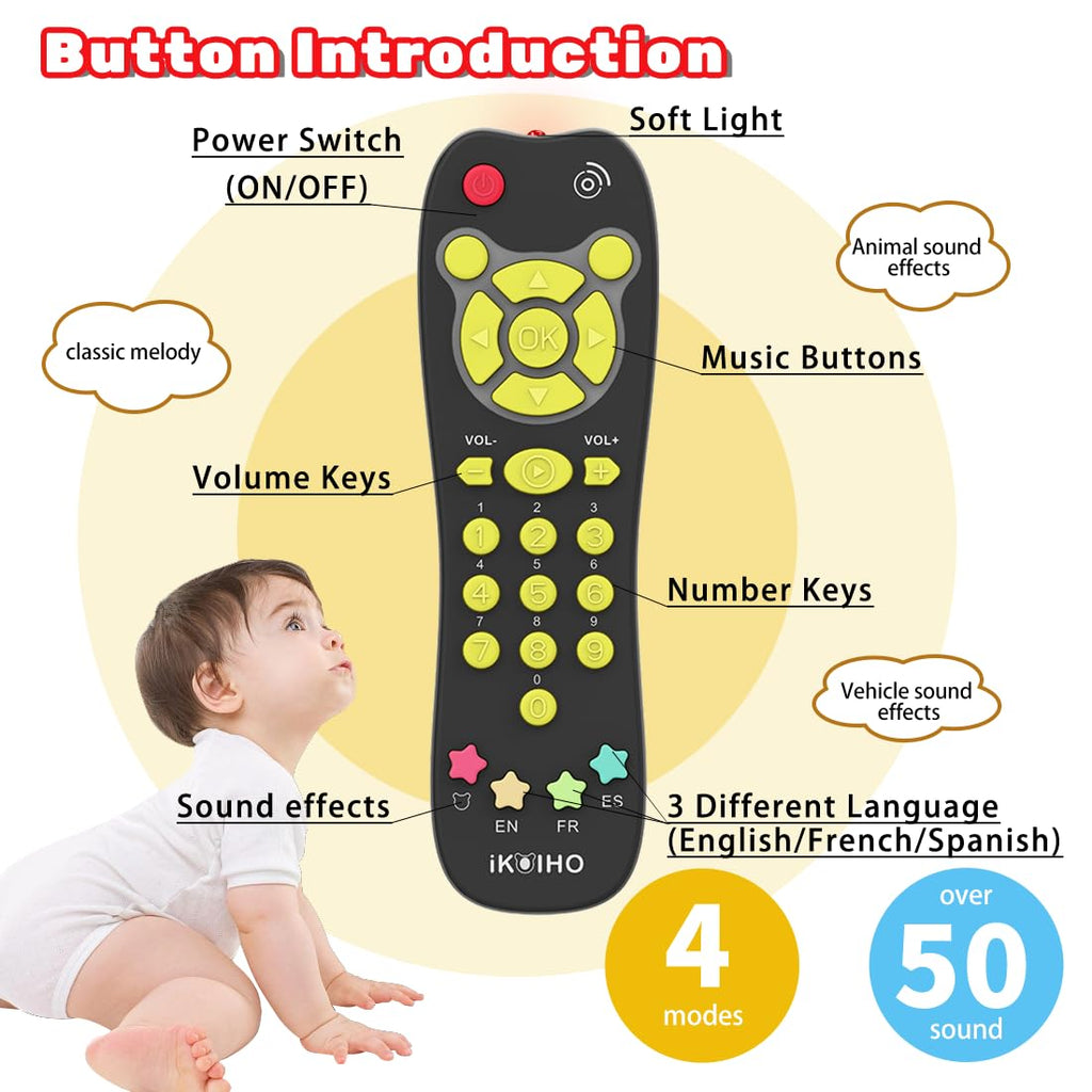 iKOIHO Baby Remote Control Toy - Realistic Toddler TV Remote with Lights, Sounds, and 3 Languages, Black