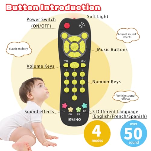 iKOIHO Baby Remote Control Toy - Realistic Toddler TV Remote with Lights, Sounds, and 3 Languages, Black