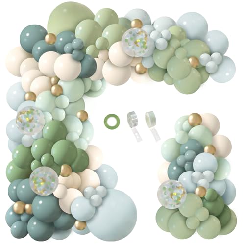 iLaFm 150-Piece Dusty Blue Green Balloon Garland Arch Kit for Baby Shower Woodland Wild One Birthday Decor