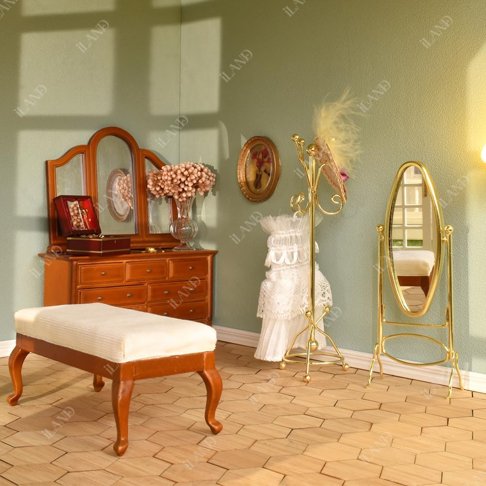 iLAND 1:12 Scale Miniature Coat Rack & Full Mirror – Gold Finish