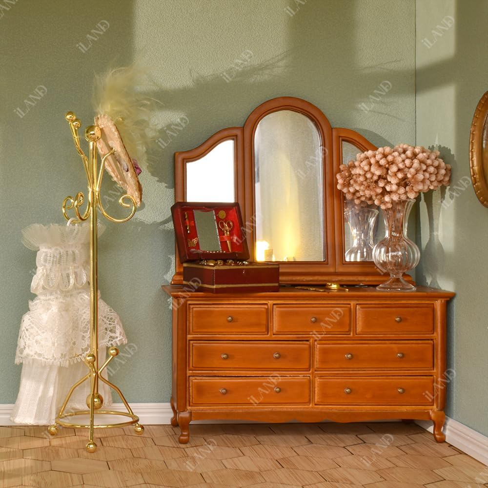 iLAND 1:12 Scale Miniature Coat Rack & Full Mirror – Gold Finish