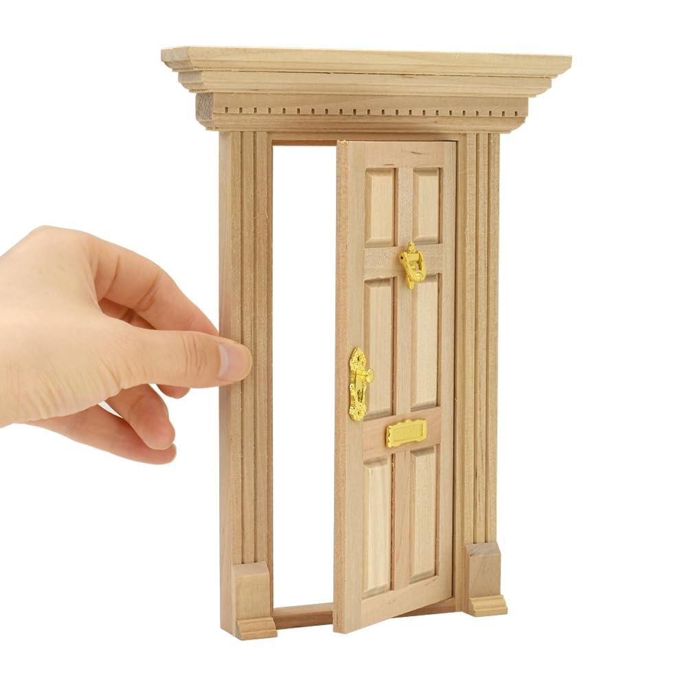iLAND 1:12 Scale Neoclassical Miniature Dollhouse Door – Solid Wood with Knocker, Lock & Key
