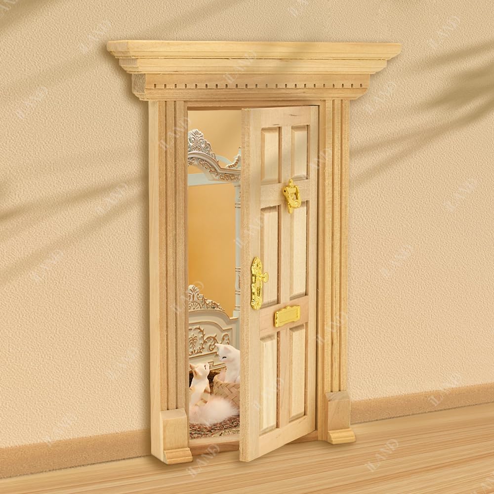 iLAND 1:12 Scale Neoclassical Miniature Dollhouse Door – Solid Wood with Knocker, Lock & Key