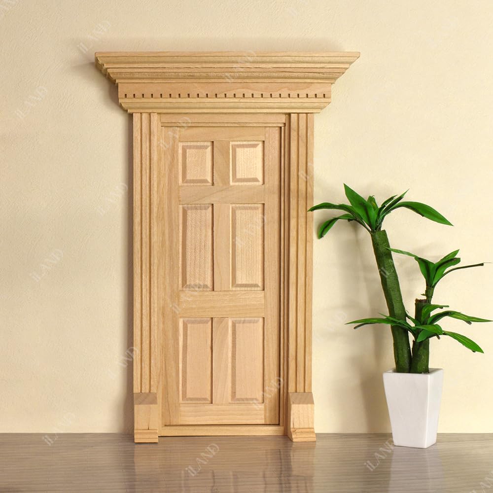 iLAND 1:12 Scale Neoclassical Miniature Dollhouse Door – Solid Wood with Knocker, Lock & Key