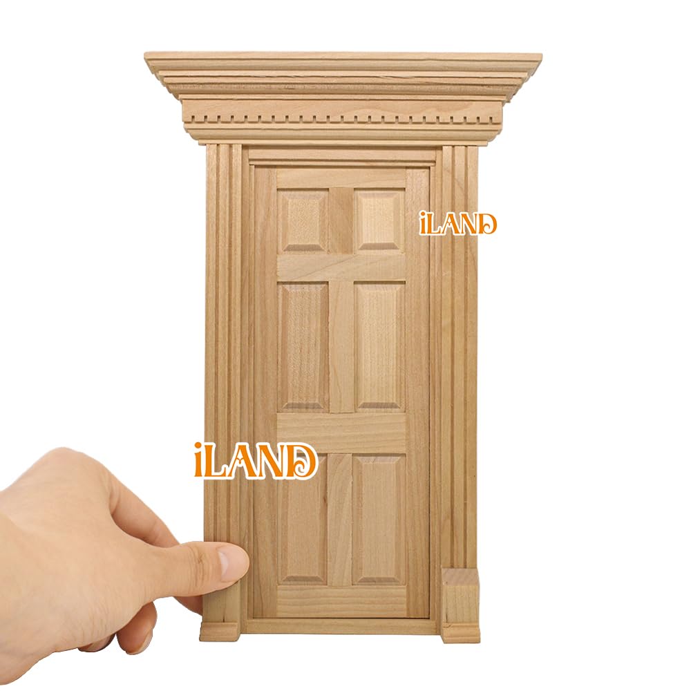 iLAND 1:12 Scale Neoclassical Miniature Dollhouse Door – Solid Wood with Knocker, Lock & Key