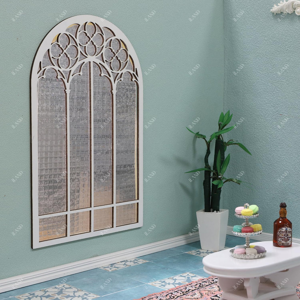 iLAND 1:12 Scale Wooden Dollhouse Window Kit - Arched Frame with PVC Grid Film