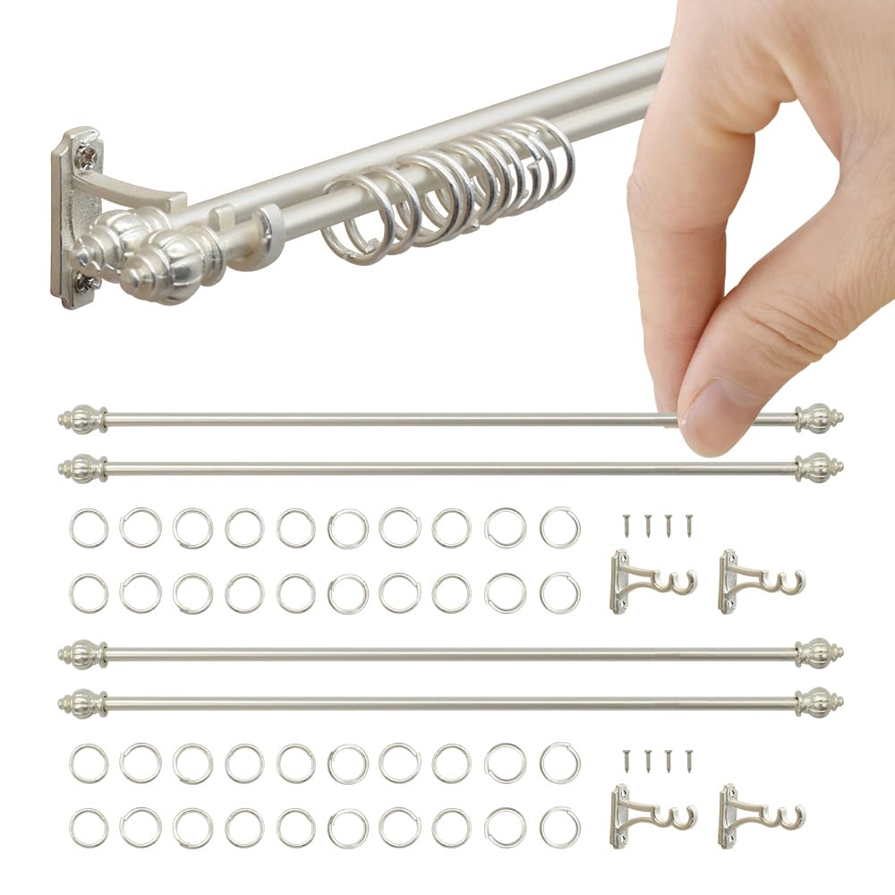 iLAND Miniature Curtain Double Rods 2 Sets – 1:12 Scale Dollhouse Window Décor with Rings & Brackets, Victorian White