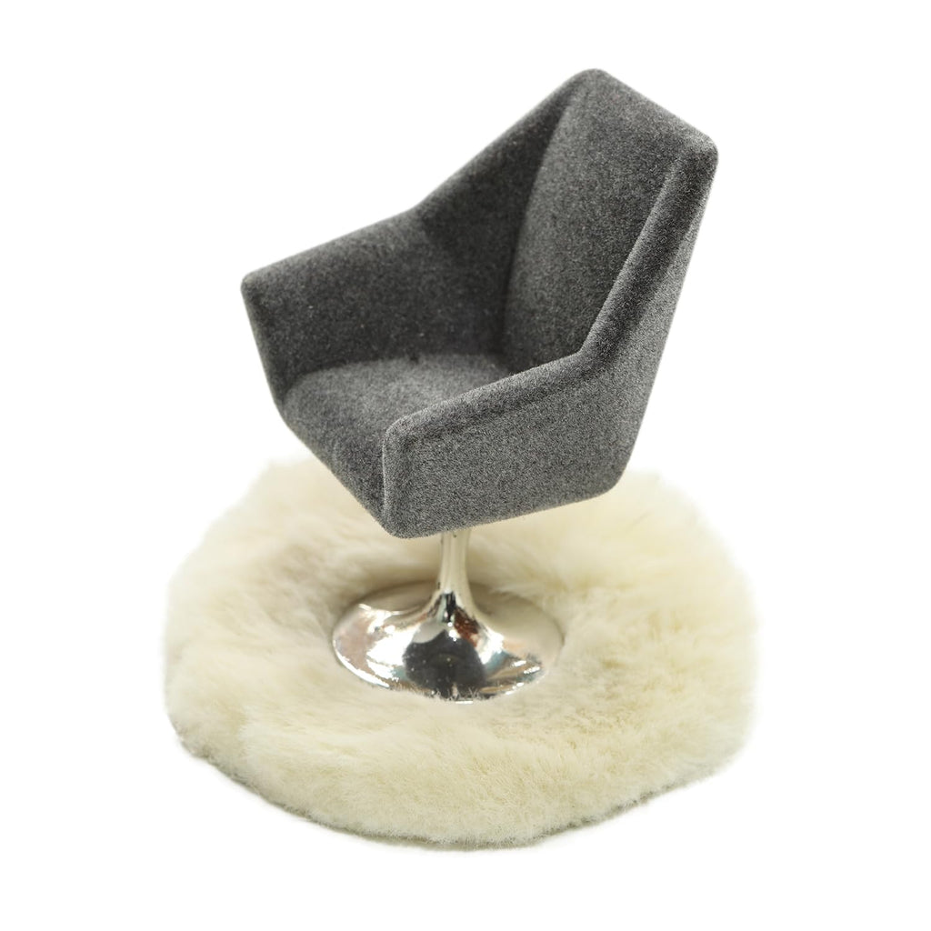 iLAND Miniature Swivel Chair & Faux Fur Carpet Set for 1:12 Dollhouse Living Room (Grey)