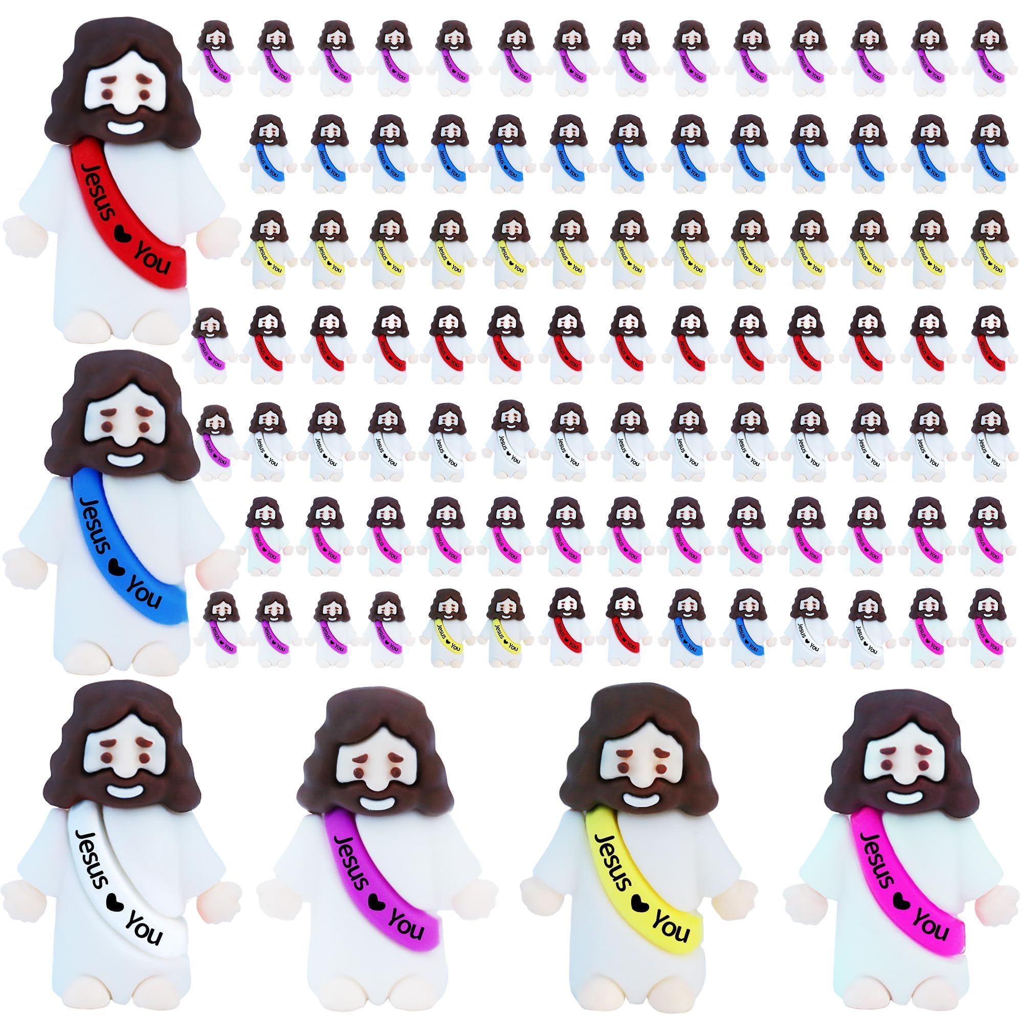 ILHSTY 100 Mini Rubber Jesus Figures – Assorted Colors with 'Jesus Loves You' Message – for Easter Eggs, Party Favors, and Faith-Based Surprises