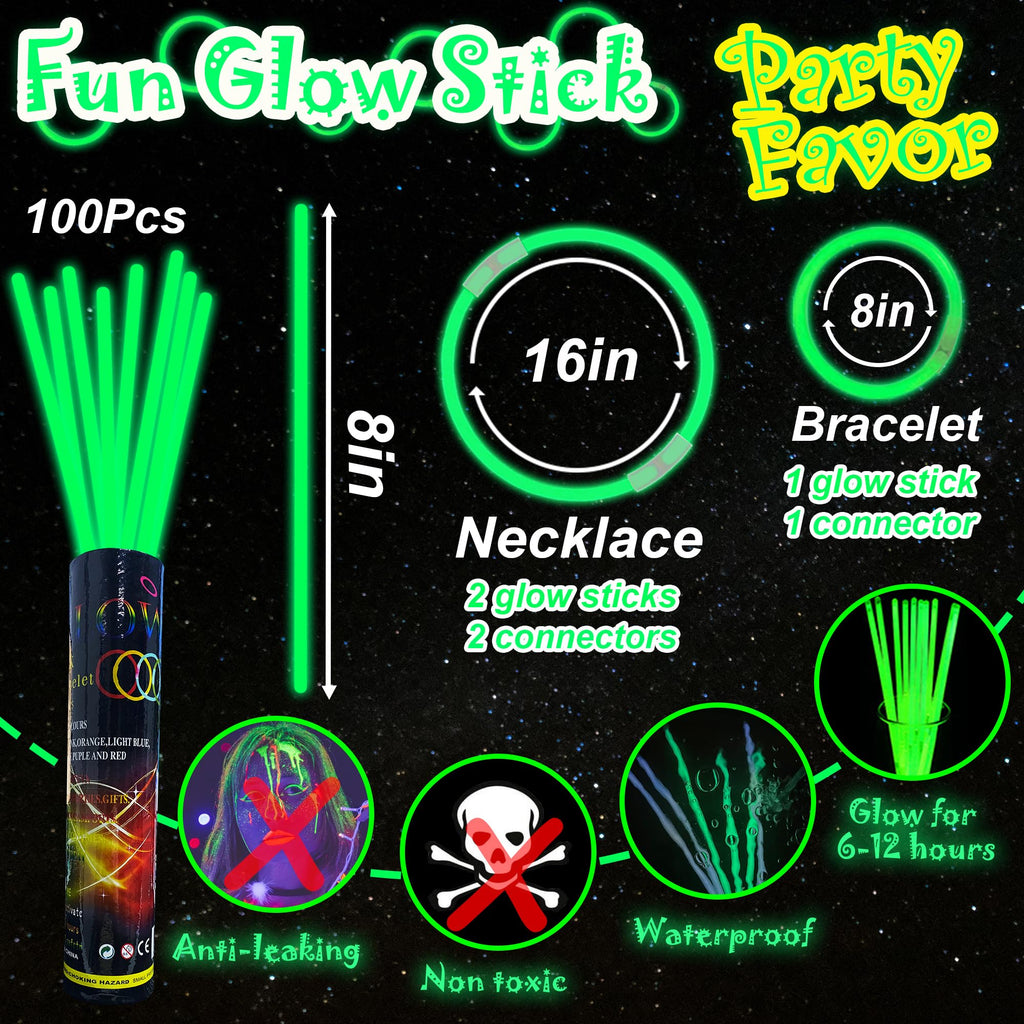 ILHSTY 100 Pack Glow Sticks – 8 Inch Green Glow Necklaces & Bracelets Bulk Party Favors