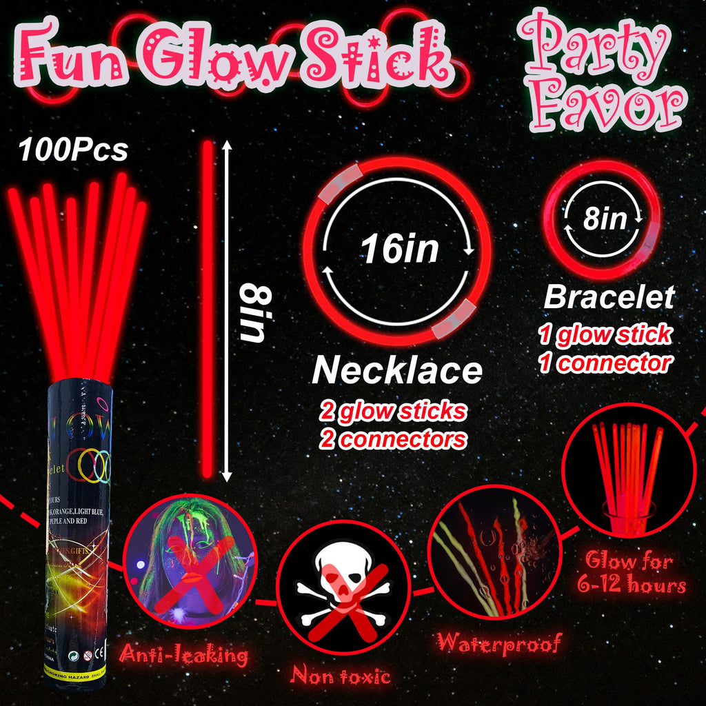 ILHSTY 100-Pack Red Glow Sticks (8") – Bulk Party Favors with Connectors