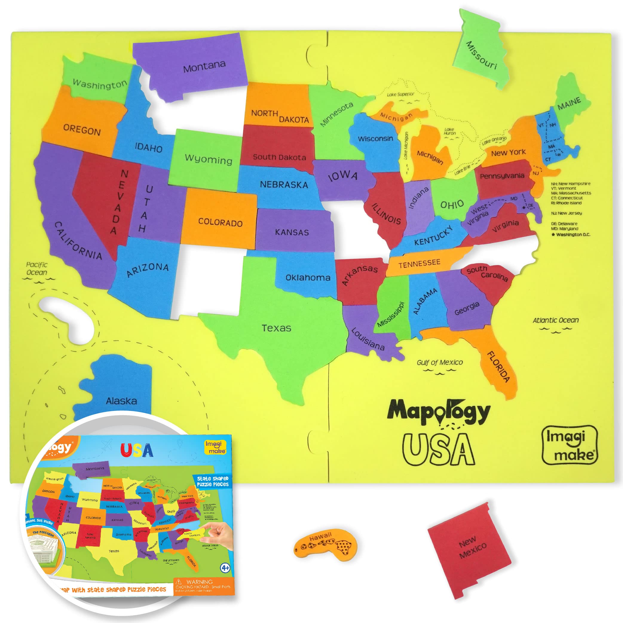 Imagimake Mapology United States Puzzle – 44 State-Shaped Pieces, 50+ Facts, Bonus Pentagon Model