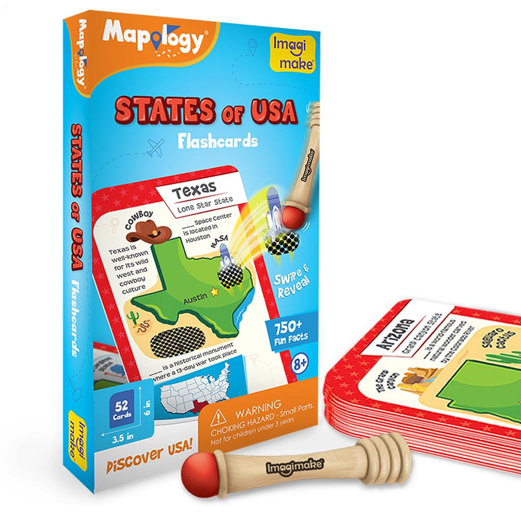 Imagimake Mapology USA Flash Cards: 52 Cards + Super Swiper – Learn US States, Capitals & Flags | Ages 8-12