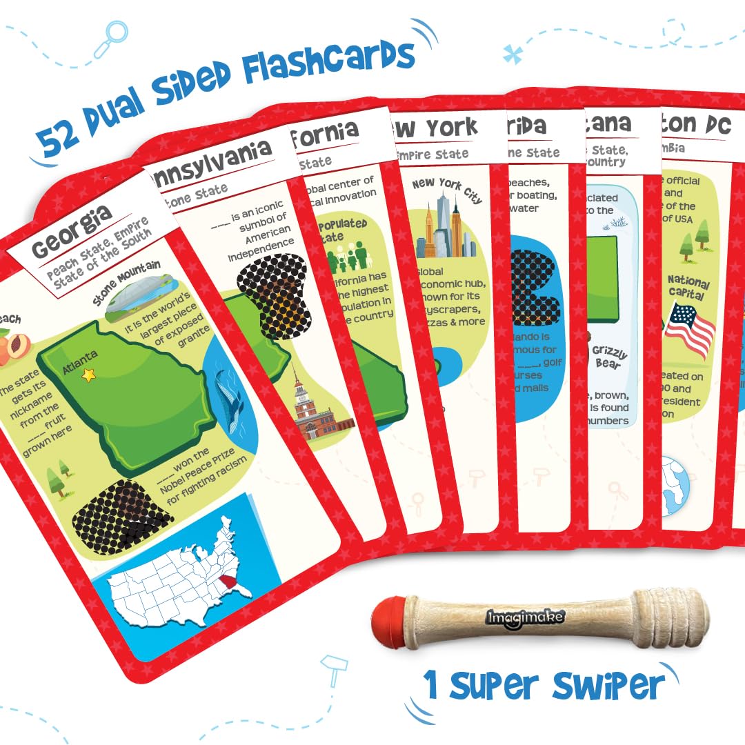 Imagimake Mapology USA Flash Cards: 52 Cards + Super Swiper – Learn US States, Capitals & Flags | Ages 8-12