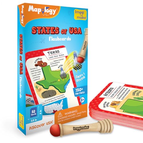 Imagimake Mapology USA Flash Cards: 52 Cards + Super Swiper – Learn US States, Capitals & Flags | Ages 8-12