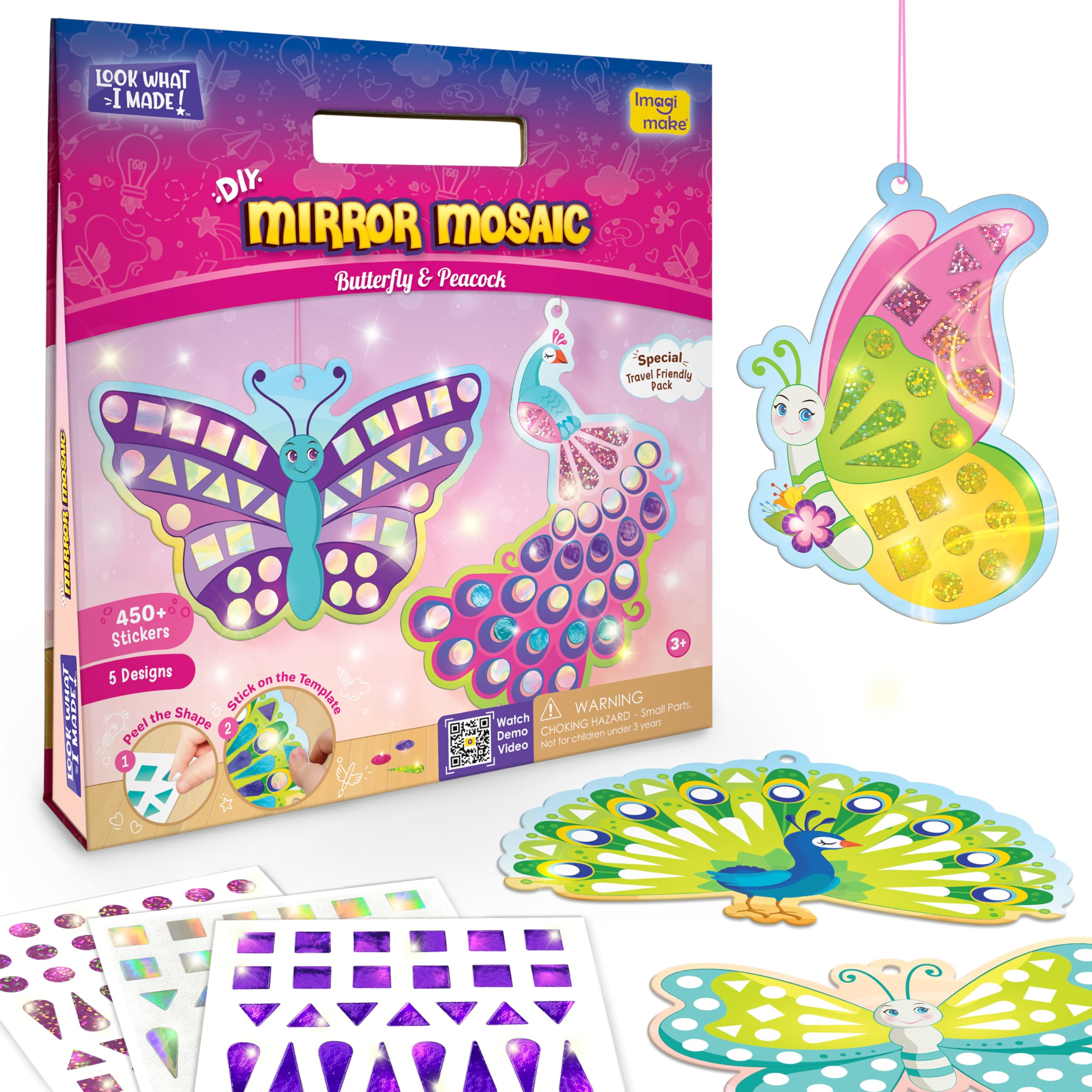Imagimake Mirror Mosaic Butterfly & Peacock – 450+ Stickers, 5 Templates, Mess-Free Craft for Ages 3-7