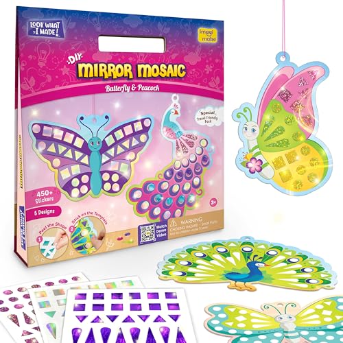 Imagimake Mirror Mosaic Butterfly & Peacock – 450+ Stickers, 5 Templates, Mess-Free Craft for Ages 3-7