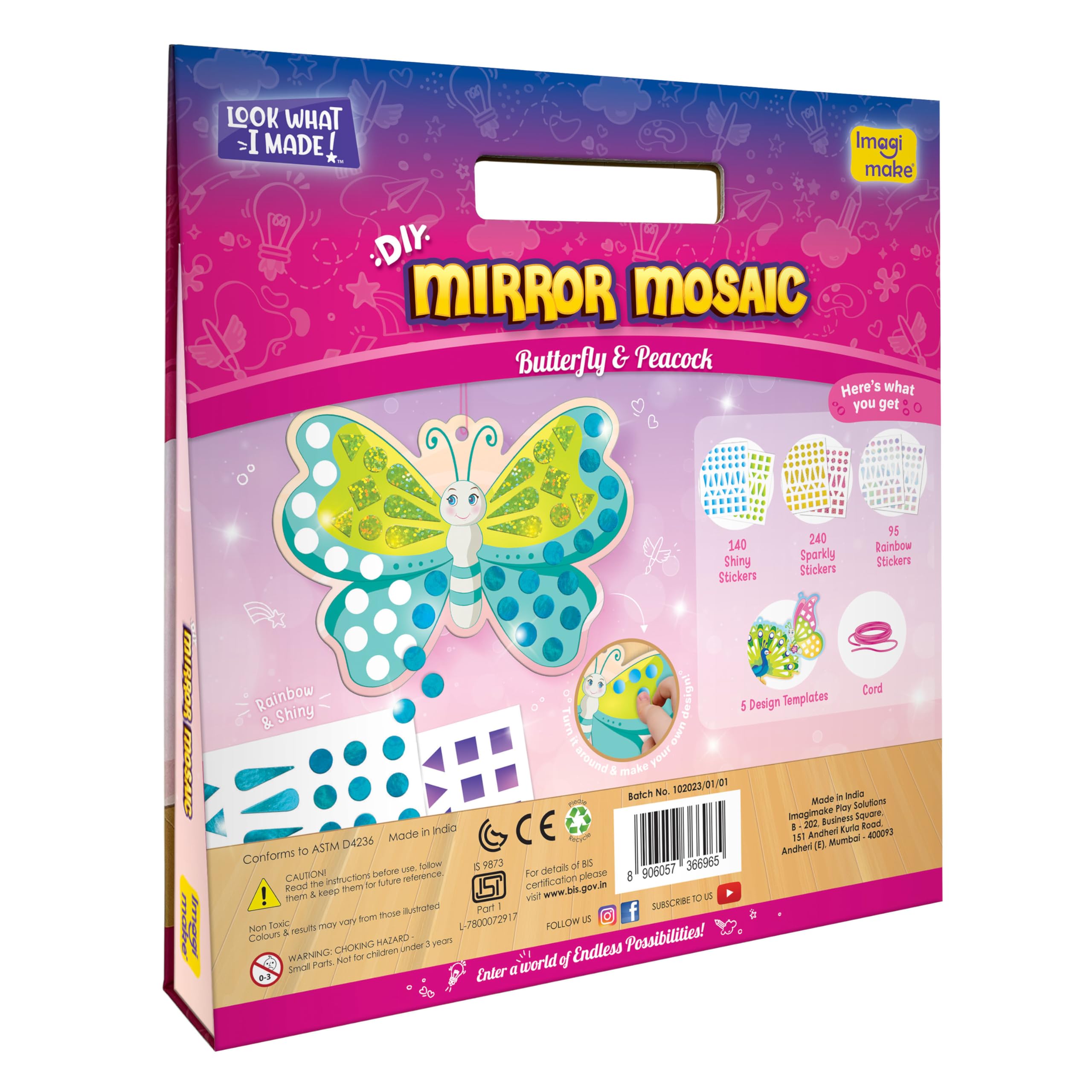 Imagimake Mirror Mosaic Butterfly & Peacock – 450+ Stickers, 5 Templates, Mess-Free Craft for Ages 3-7