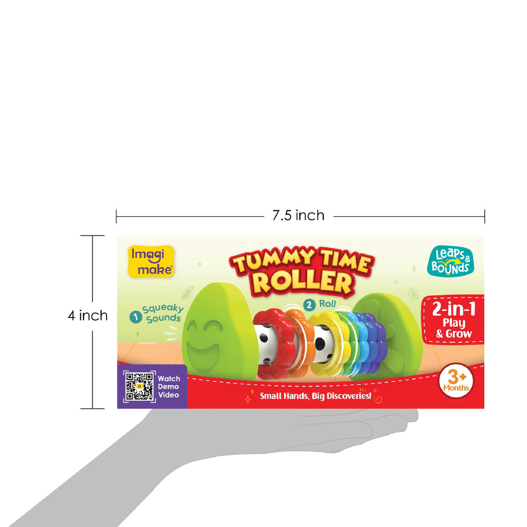 Imagimake Tummy Time Roller – 2-in-1 Baby Toy with Squeaky Sounds and 7 Textured Rings for 3+ Months