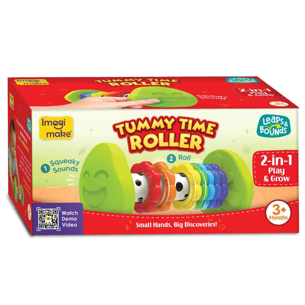 Imagimake Tummy Time Roller – 2-in-1 Baby Toy with Squeaky Sounds and 7 Textured Rings for 3+ Months