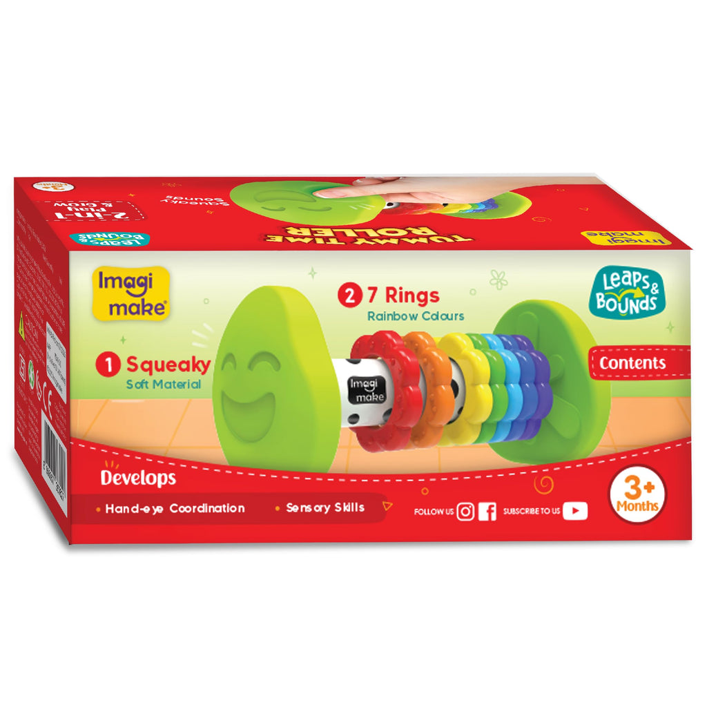 Imagimake Tummy Time Roller – 2-in-1 Baby Toy with Squeaky Sounds and 7 Textured Rings for 3+ Months