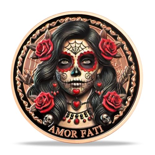 Imasoner Memento Mori Coin – Rose Skeleton Woman with Amor Fati & Memento Vivere, 3D Challenge Coin for Stoic Inspiration