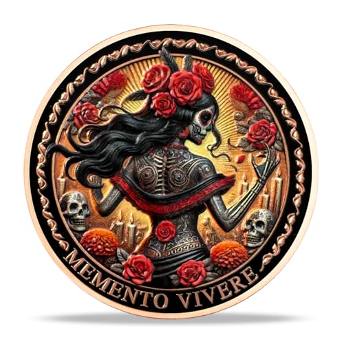 Imasoner Memento Mori Coin – Rose Skeleton Woman with Amor Fati & Memento Vivere, 3D Challenge Coin for Stoic Inspiration