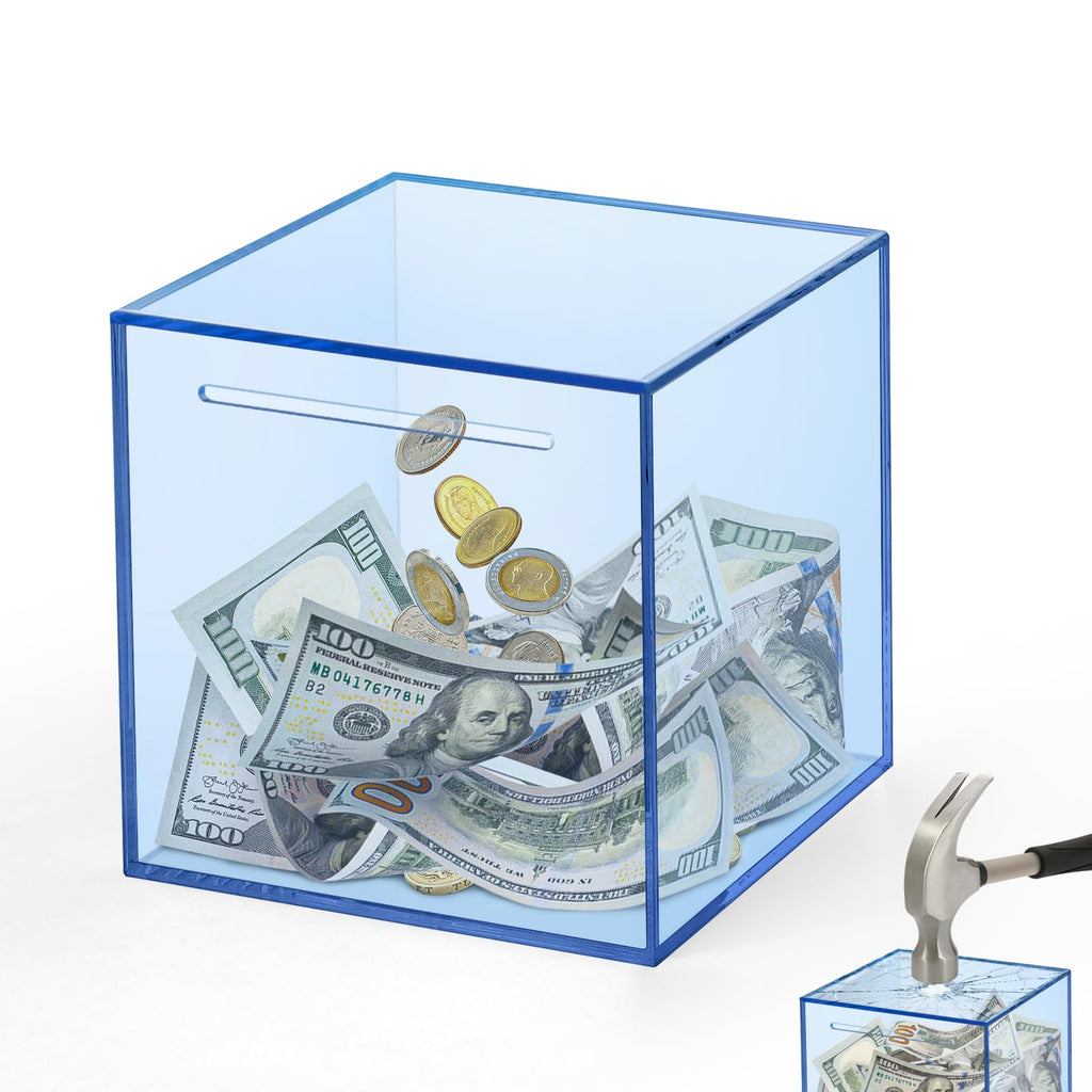 Imeepa Clear Acrylic Piggy Bank - Must Break to Open Savings Box for Cash & Coins - Blue, 4.72 Inches