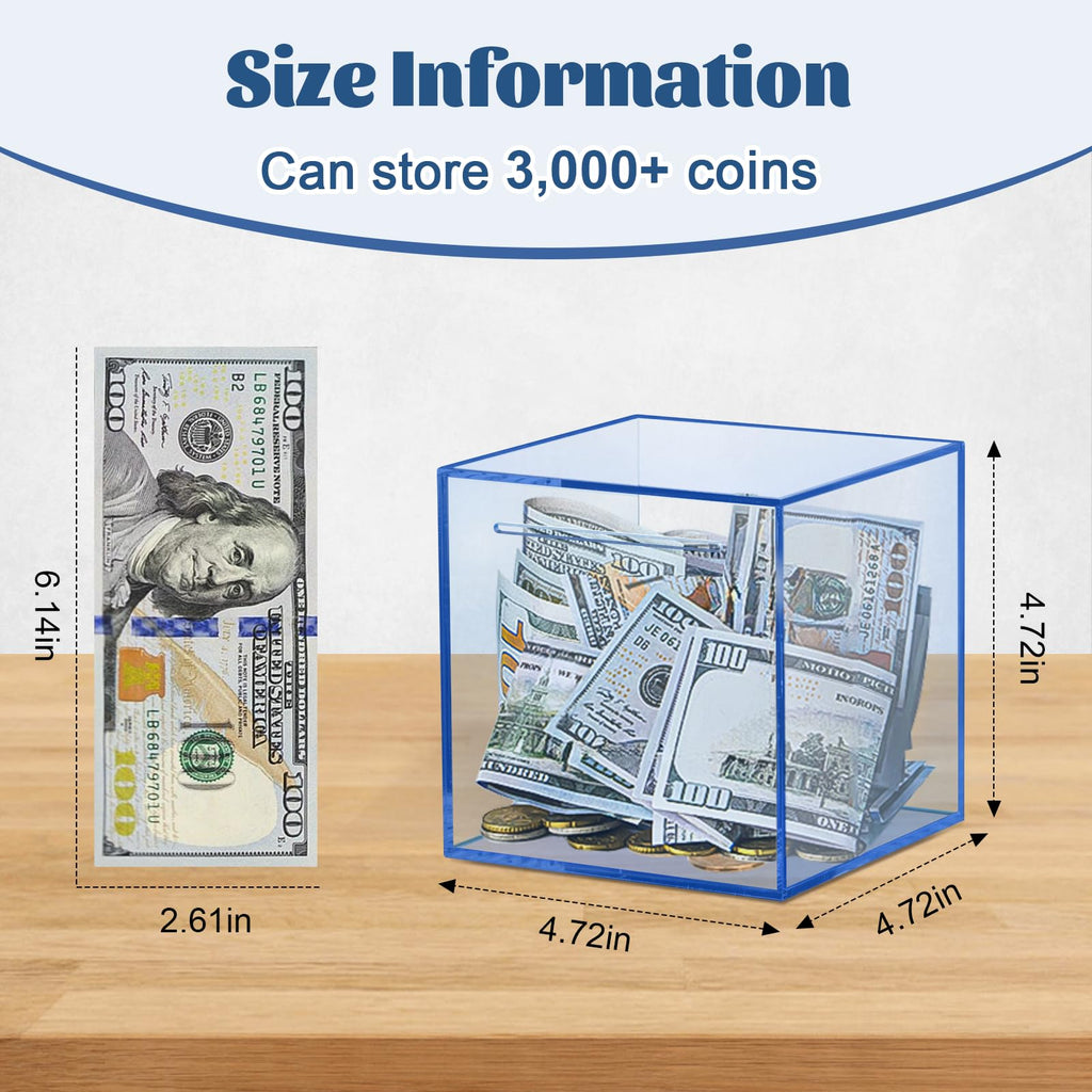 Imeepa Clear Acrylic Piggy Bank - Must Break to Open Savings Box for Cash & Coins - Blue, 4.72 Inches