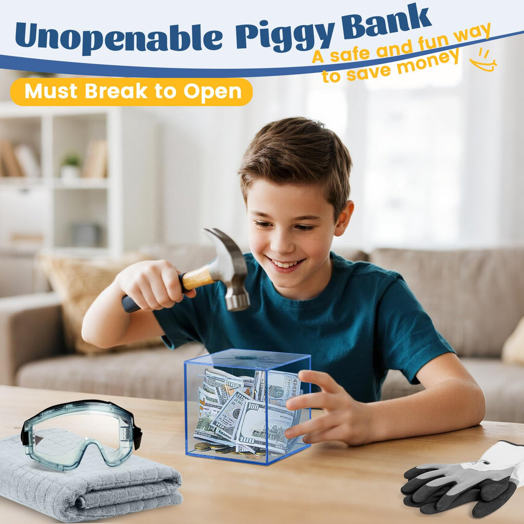 Imeepa Clear Acrylic Piggy Bank - Must Break to Open Savings Box for Cash & Coins - Blue, 4.72 Inches