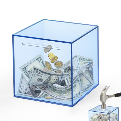 Imeepa Clear Acrylic Piggy Bank - Must Break to Open Savings Box for Cash & Coins - Blue, 4.72 Inches