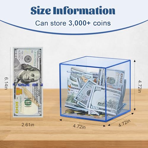 Imeepa Clear Acrylic Piggy Bank - Must Break to Open Savings Box for Cash & Coins - Blue, 4.72 Inches