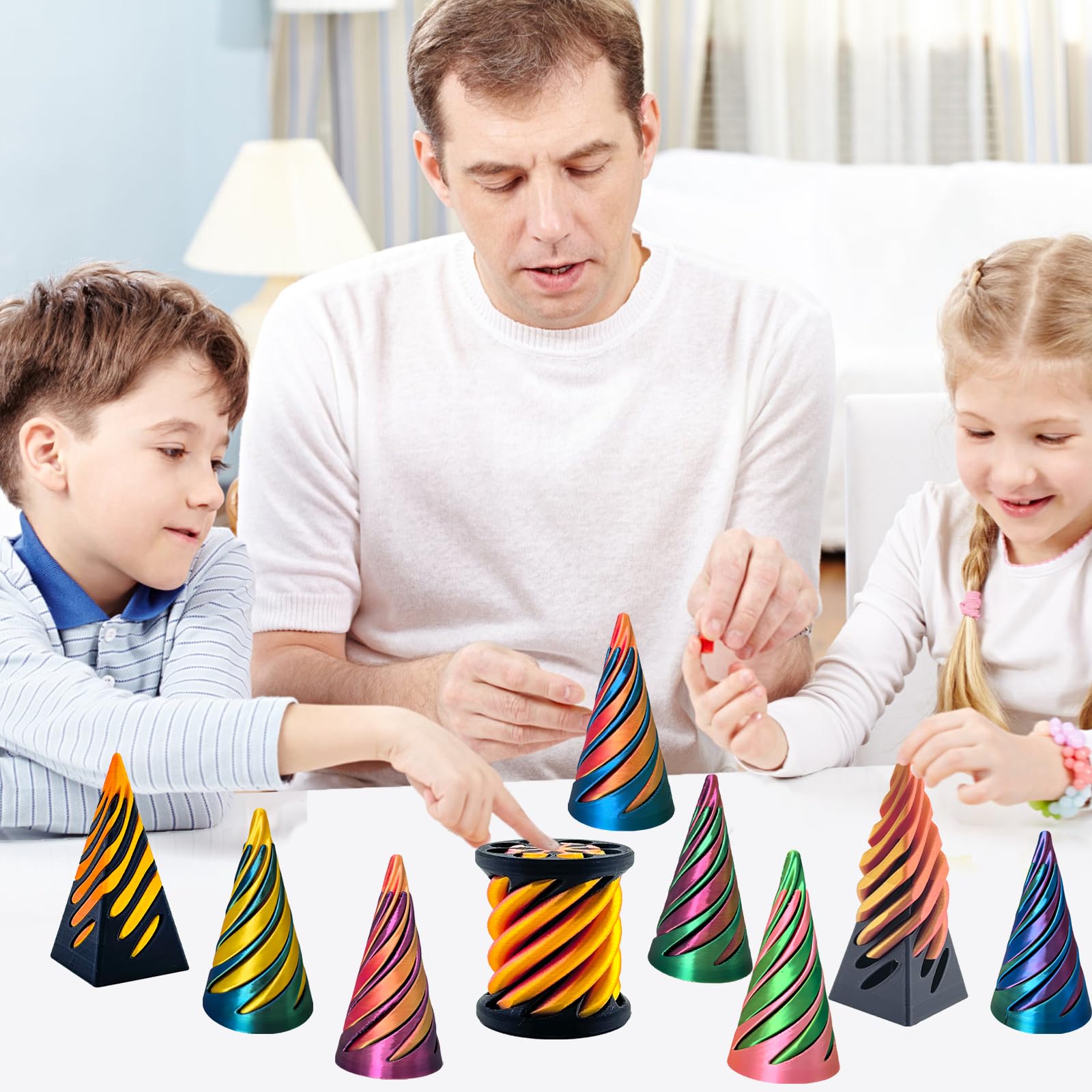 Impossible Cone Fidget Toy Set (6-Pack) – PLA 3D Printed Spiral & Pyramid Stress Relief Toys for Kids & Adults