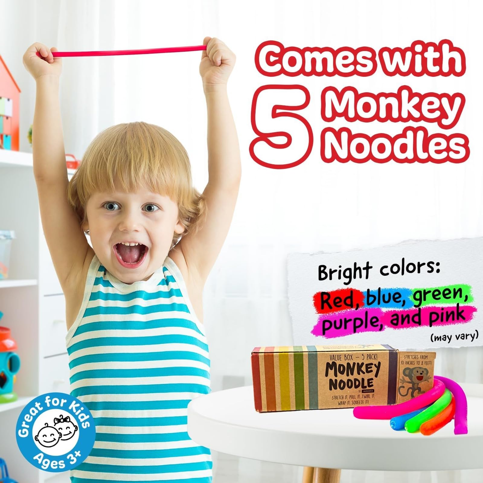 IMPREASA Monkey Noodles Fidget Toys - 5 Pack Stretchy Sensory Strings for Focus and Calm