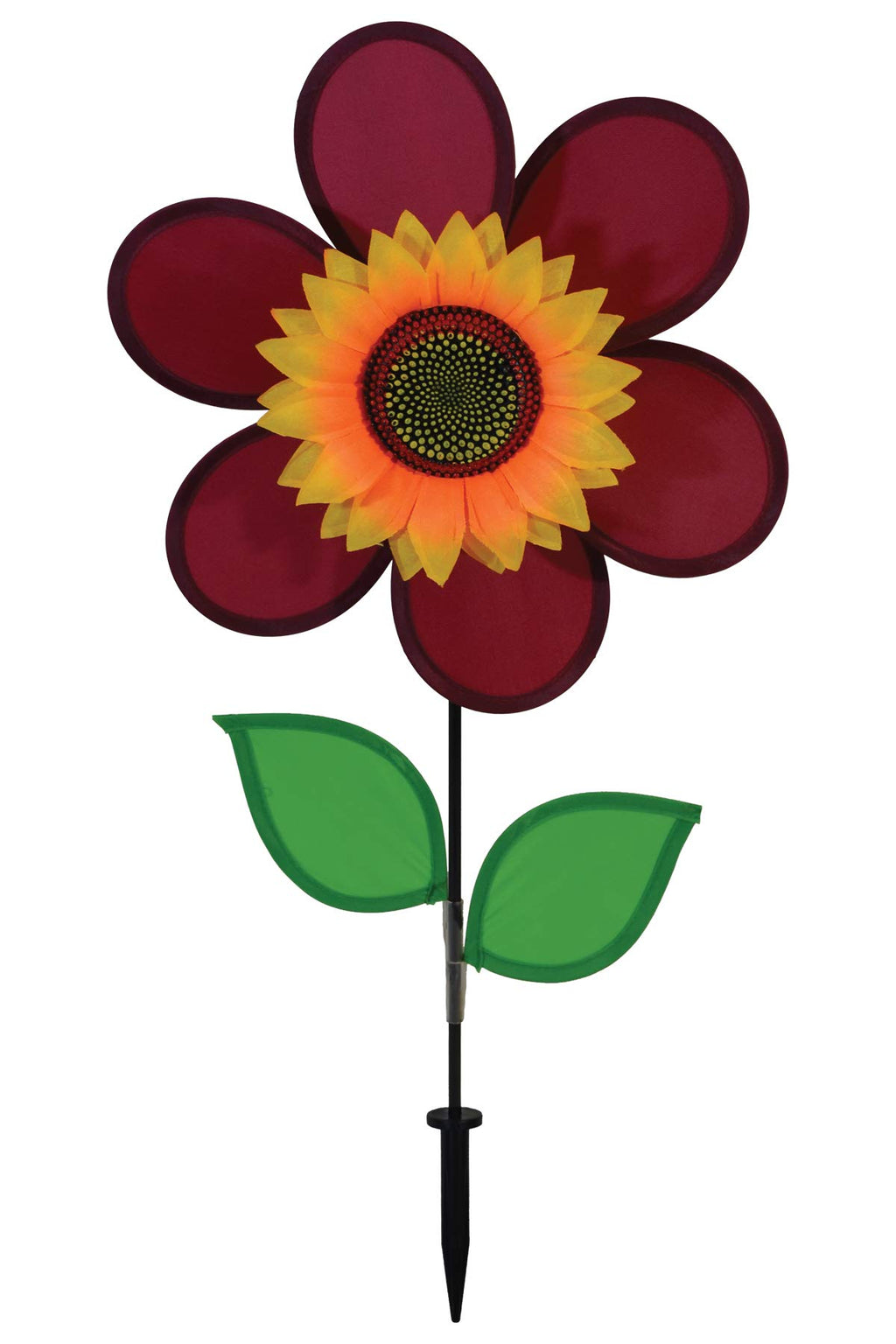 In the Breeze 12-Inch Burgundy Sunflower Wind Spinner with Fabric Petals and Fiberglass Frame
