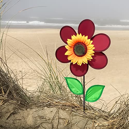In the Breeze 12-Inch Burgundy Sunflower Wind Spinner with Fabric Petals and Fiberglass Frame