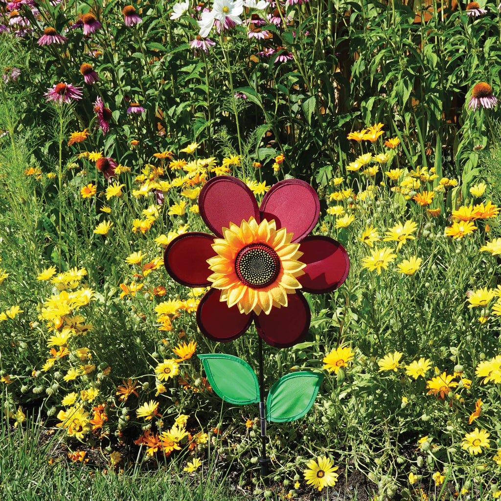 In the Breeze 12-Inch Burgundy Sunflower Wind Spinner with Fabric Petals and Fiberglass Frame