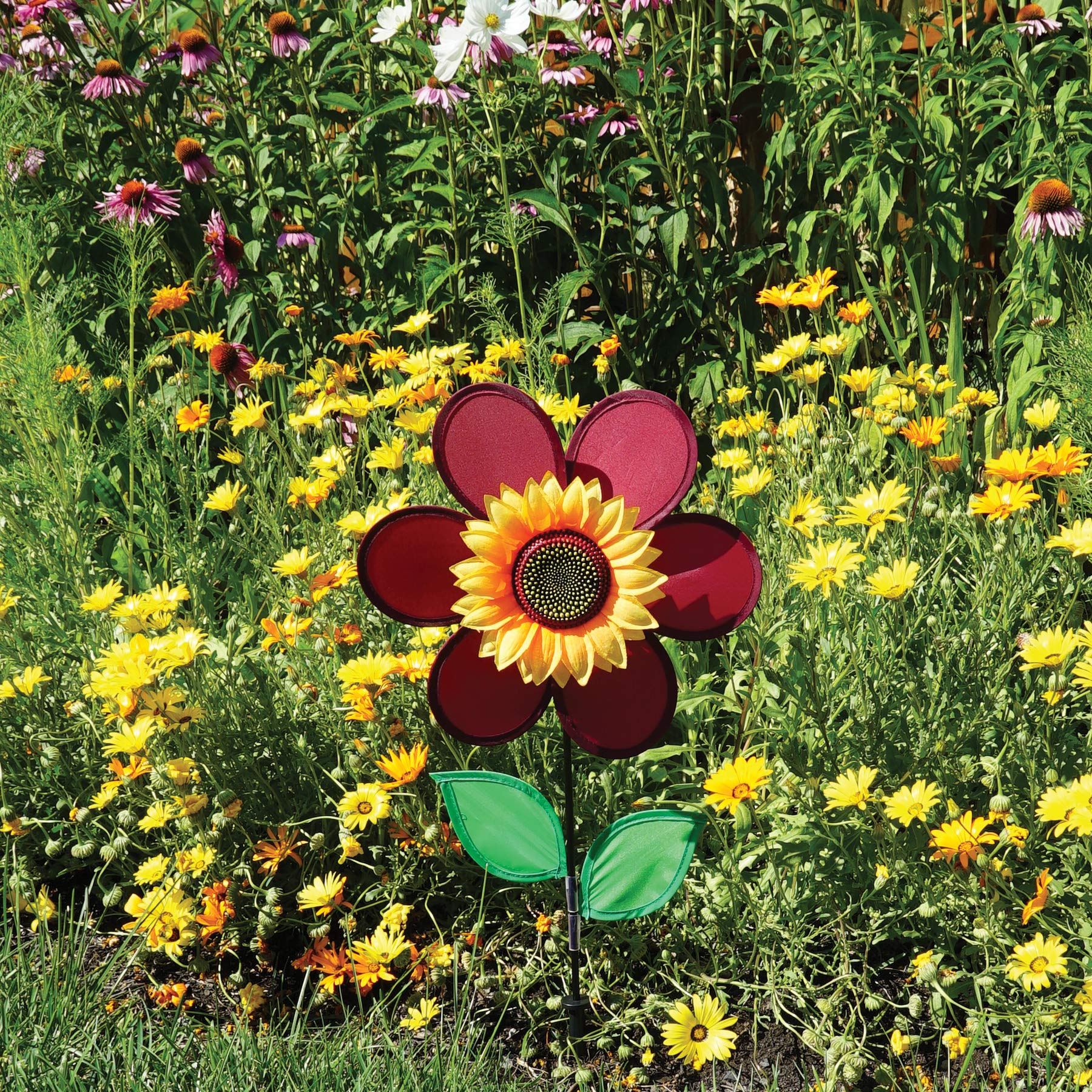 In the Breeze 12-Inch Burgundy Sunflower Wind Spinner with Fabric Petals and Fiberglass Frame