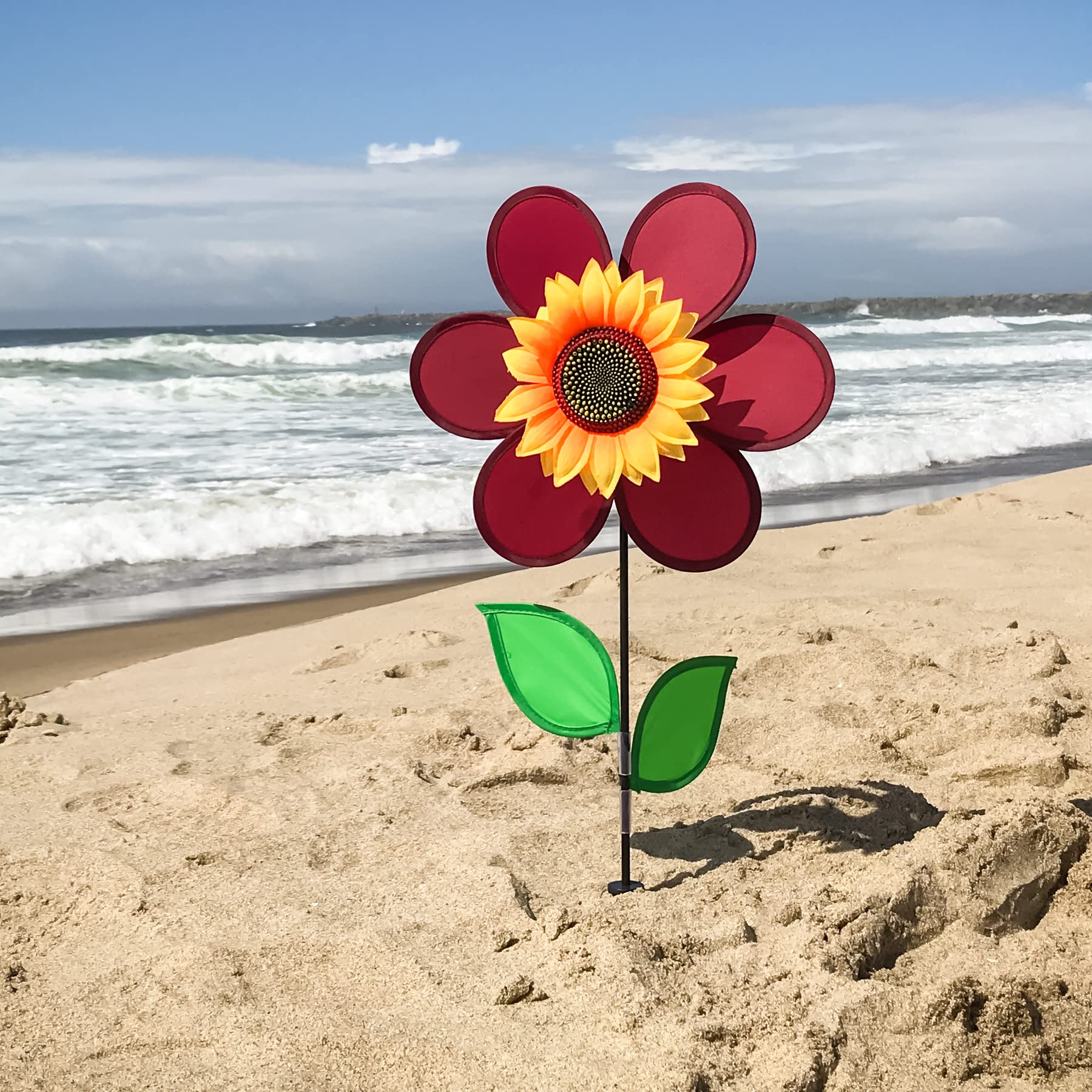 In the Breeze 12-Inch Burgundy Sunflower Wind Spinner with Fabric Petals and Fiberglass Frame